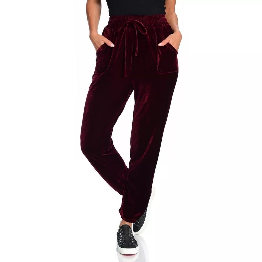 NWT One World Velvet Drawstring Waist Jogger Pants Burgundy Wine Plus Sz 2x